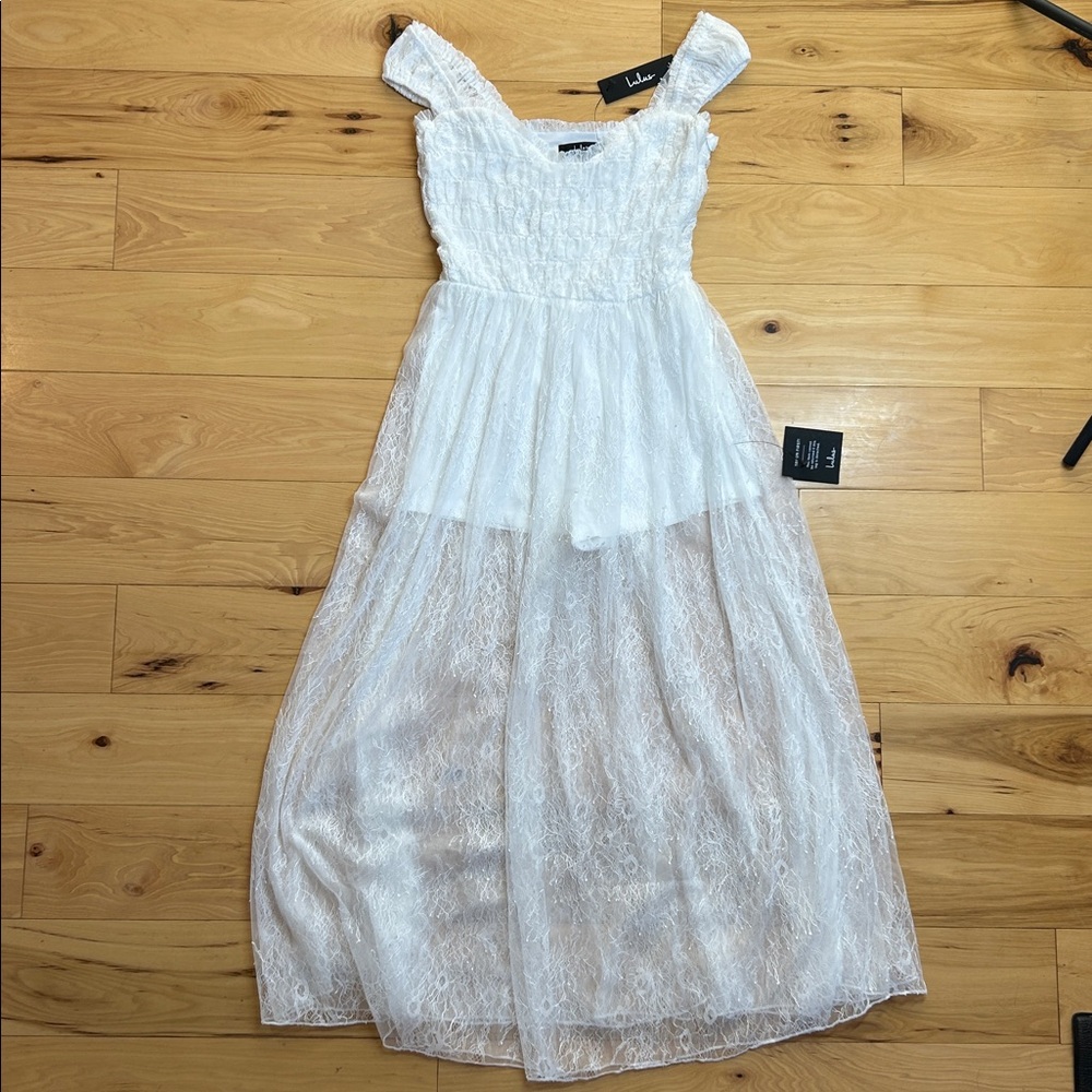 NWT Lulus White Sheer Lace Midi Dress | Size Small - Picture 2 of 11